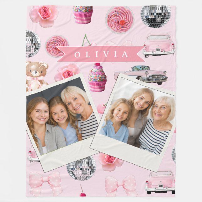 Manta Polar Personalized Pink Coquette Retro Cute Teddy Bear  (Anverso)