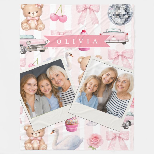 Manta Polar Personalized Pink Coquette Retro Cute Teddy Bear  (Anverso)