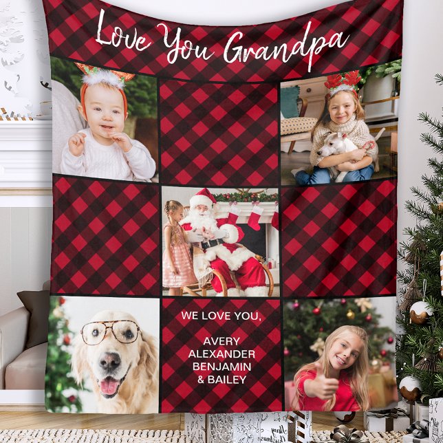 Manta Polar Personalized Red Buffalo Plaid 5 Photo Collage (Subido por el creador)