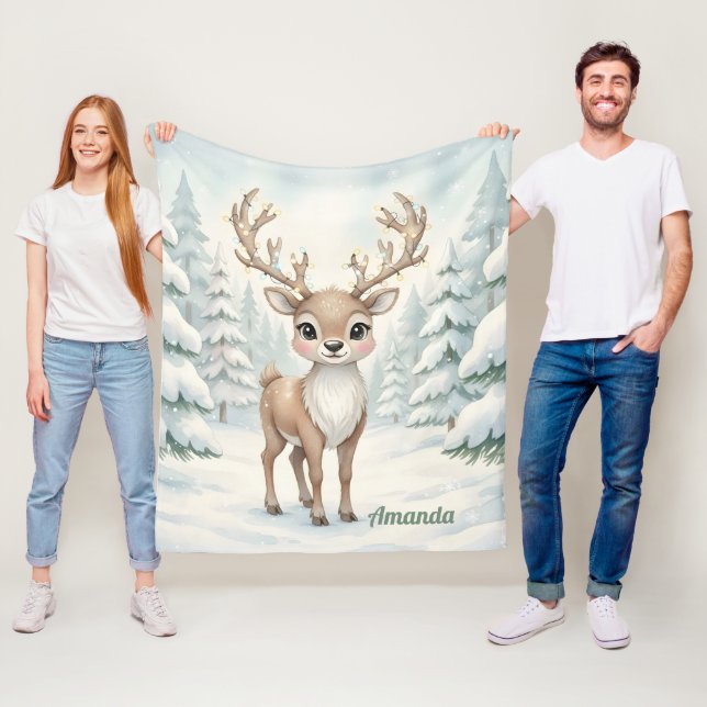 Manta Polar Personalized Whimsical Reindeer Christmas Blanket (In situ)