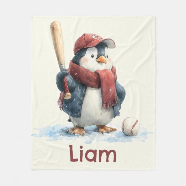 Manta Polar Personalized Winter Penguin Baseball Kid (Anverso)