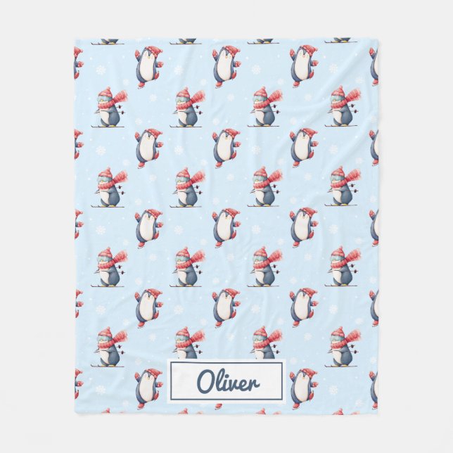 Manta Polar Personalized Winter Penguin Boys Fleece Blanket (Anverso)