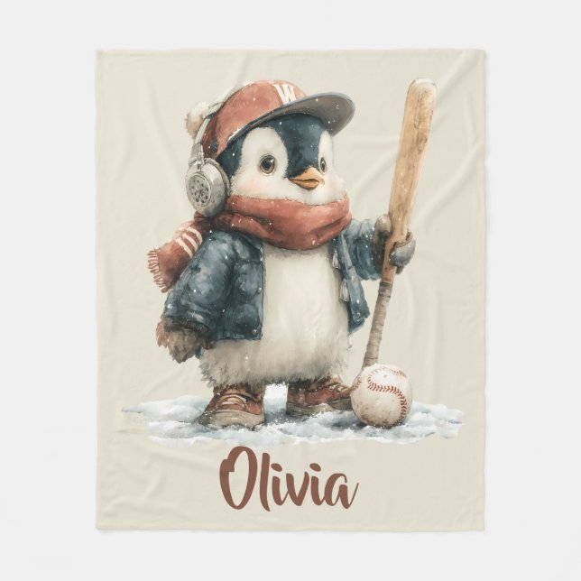 Manta Polar Personalized Winter Penguin Softball Kid (Anverso)