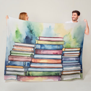 Manta Polar Pila de libros de lectura pintada con acuarela
