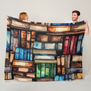 Manta Polar Pila de Libros de Lectura Pintada con Acuarela