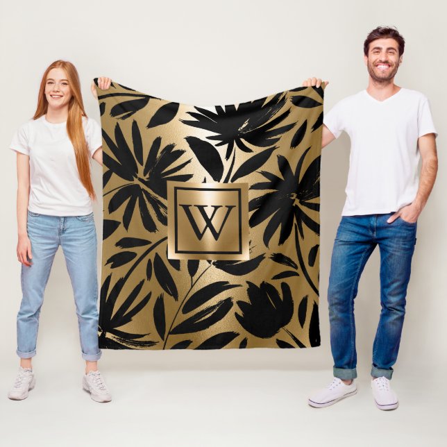 Manta Polar Pincel floral negro y dorado (In situ)