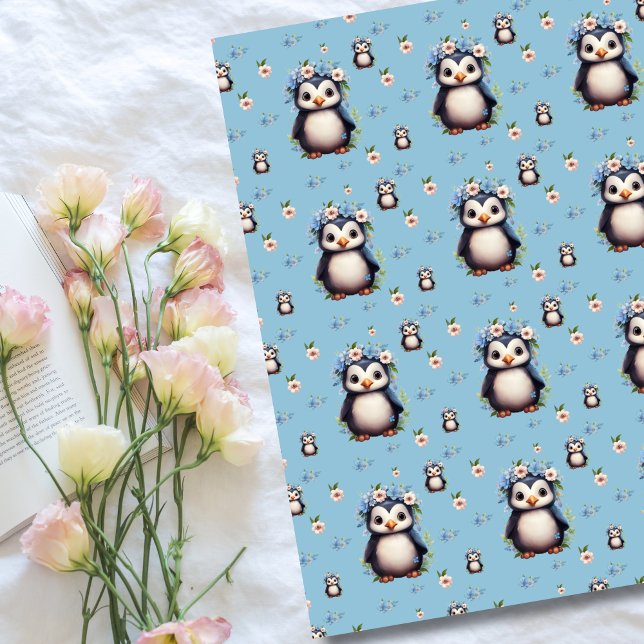 Manta Polar Pingüinos acuarelas de primavera con flores en azu (Bilingual blue blanket with cute penguins, personalized text & custom Spanish. multilingual project)