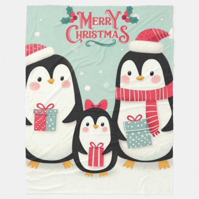 Manta Polar Pingüinos nevados de Feliz Navidad (Anverso)