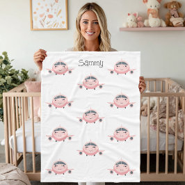 Manta Polar Pink and Grey Airplane Girl Name Personalized