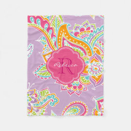 Manta Polar Pink and Lilac Boho Paisley Monogrammed