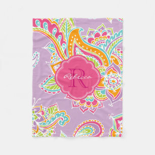 Manta Polar Pink and Lilac Boho Paisley Monogrammed