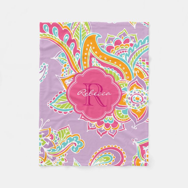 Manta Polar Pink and Lilac Boho Paisley Monogrammed (Anverso)