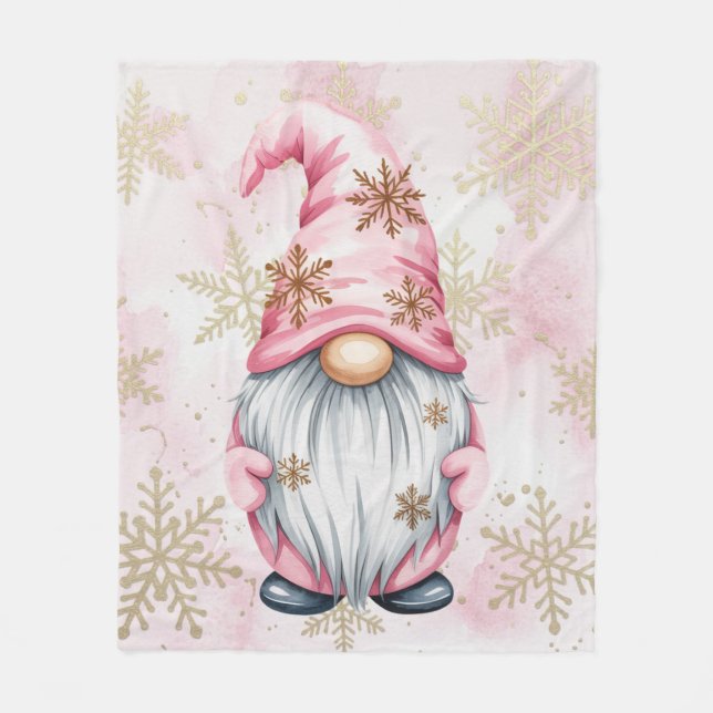 Manta Polar Pink Christmas Gnome Gold Snowflakes (Anverso)