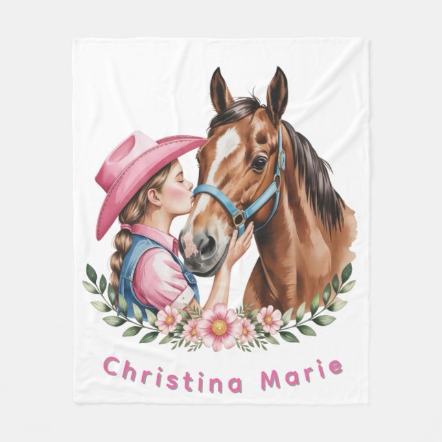 Manta Polar Pink Cowgirl Kissing a Horse Birthday Party  (Anverso)
