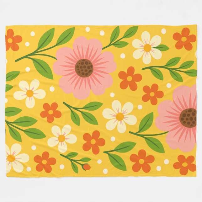 Manta Polar Pink, cream & Orange Flowers with Green Leaves (Frente (Horizontal))
