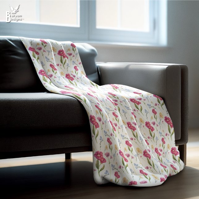 Manta Polar Pink Floral Watercolor Wildflower (Pretty pink floral watercolor wildflower fleece blanket. Matching home decor available.)
