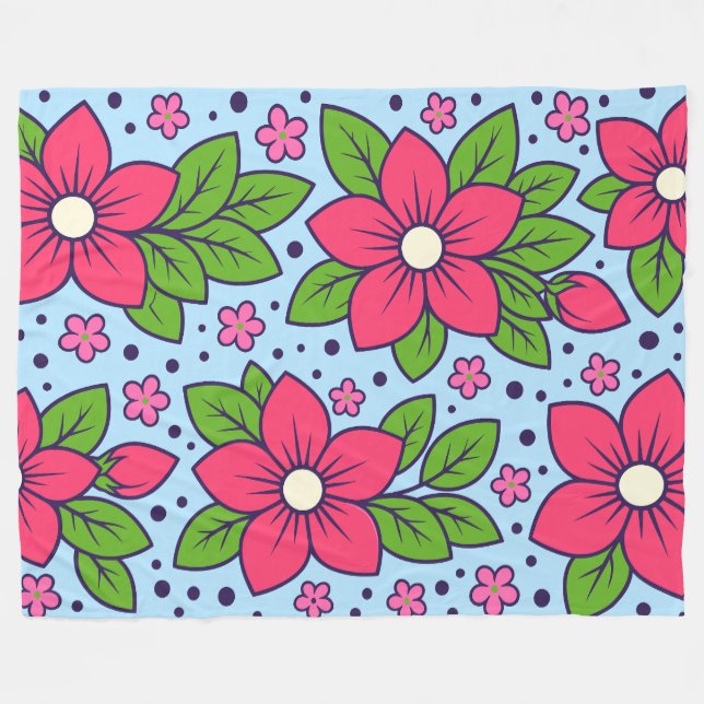 Manta Polar Pink Florals with Bold Petals and Green Leaves (Frente (Horizontal))