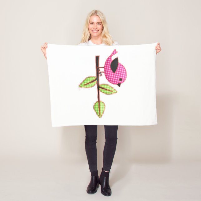 Manta Polar Pink Gingham Baby Bird Embroidery Leaves (In situ)