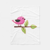 Pink Gingham Baby Bird Embroidery Leaves