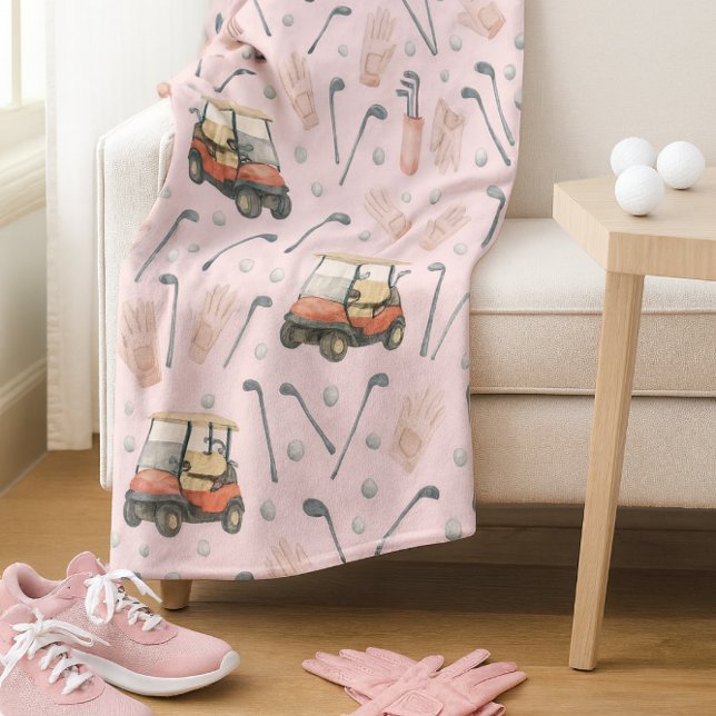 Manta Polar Pink Golf Cart Pattern Lady Golfer  (Soft landings after tee time where pink gear, cozy fleece, and golf dreams come home to rest.)