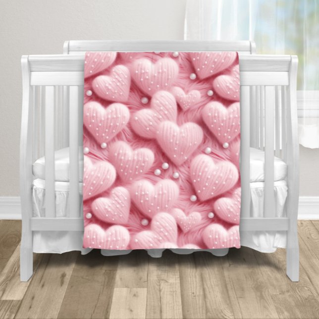 Manta Polar Pink Hearts Pearls Baby (Adorable fluffy pink hearts and pearls baby blanket. You can add text and a color to the back.)