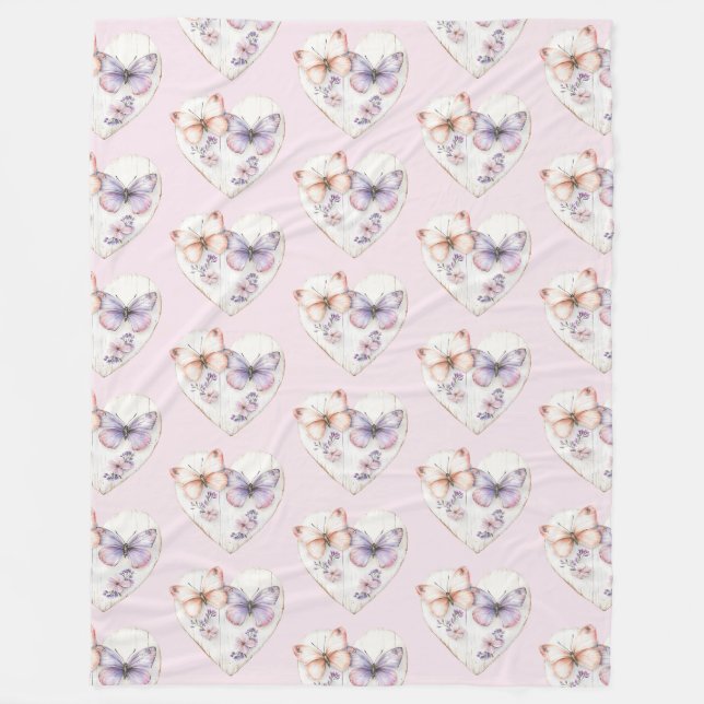 Manta Polar Pink Lavender Floral Heart Butterflies Birthday (Anverso)