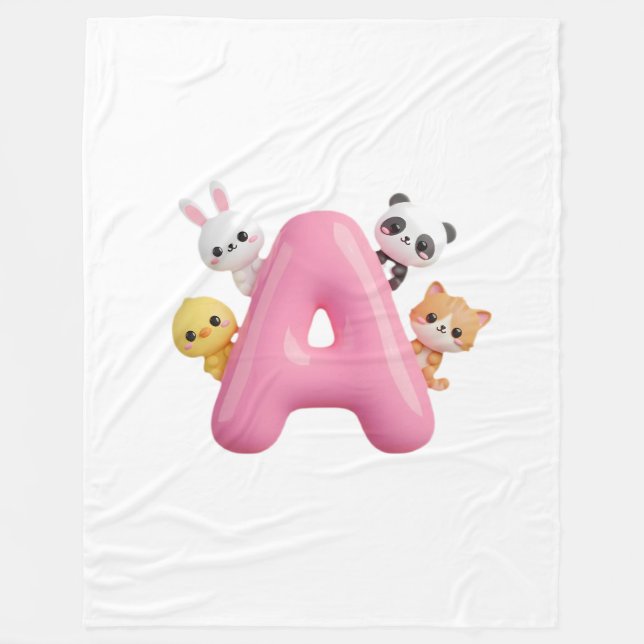 Manta Polar Pink Letter A Forest Animals Baby Blanket (Anverso)