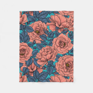 Manta Polar Pink roses with blue leaves on blue