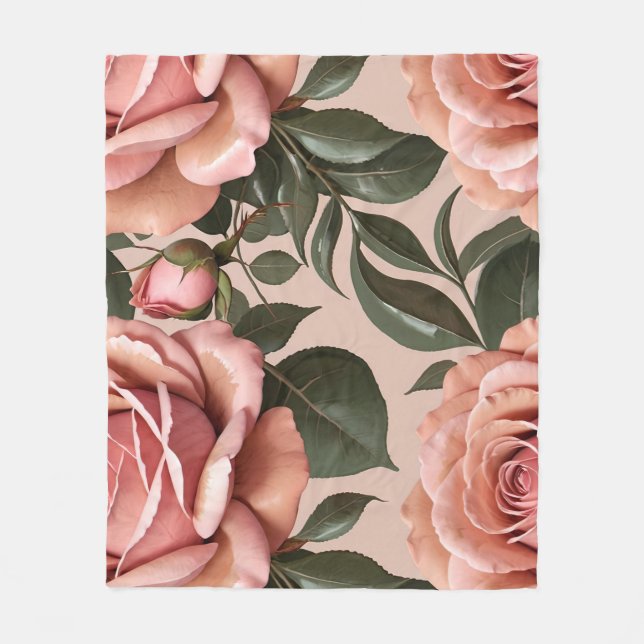 Manta Polar Pink Roses With Brushstroke Leaves  (Anverso)