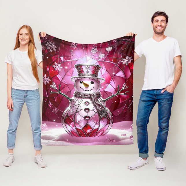 Manta Polar Pink Snowman Snowflakes Fleece Blanket (In situ)