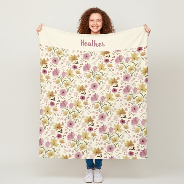 Manta Polar Pink Watercolor Wildflower Monogram Name (Subido por el creador)