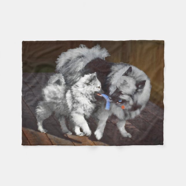 Manta Polar Pintado Keeshond Playtime - Arte Perro Original. (Frente (Horizontal))