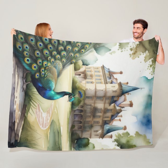 Manta Polar Pintura acuática de pavo real y castillo (In situ)