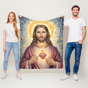 Manta Polar Pintura artística al impasto del Sagrado Corazón d