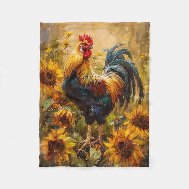 Manta Polar Pintura de aceite de gallo y girasol (Anverso)