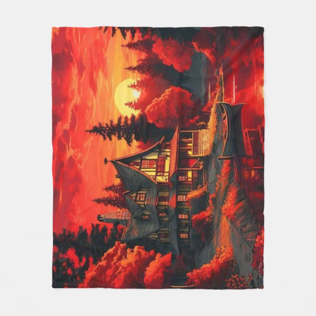 Manta Polar Pintura de atardecer con cabaña y lago-66633 (Anverso)