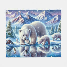 Manta Polar Pintura de escena nevada de la familia del oso pol