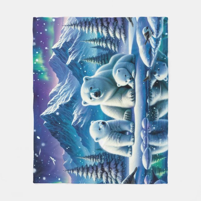 Manta Polar Pintura de escena nevada de la familia del oso pol (Anverso)