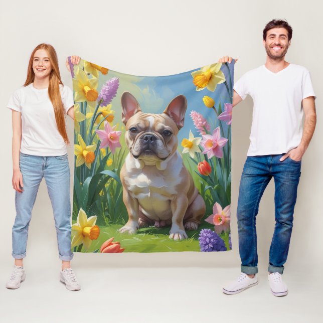 Manta Polar Pintura de flores de primavera de Bulldog Francés (In situ)