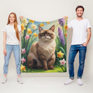 Manta Polar Pintura de flores de primavera de gato abisinio