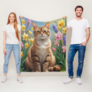 Manta Polar Pintura de flores de primavera de gato Bengalí