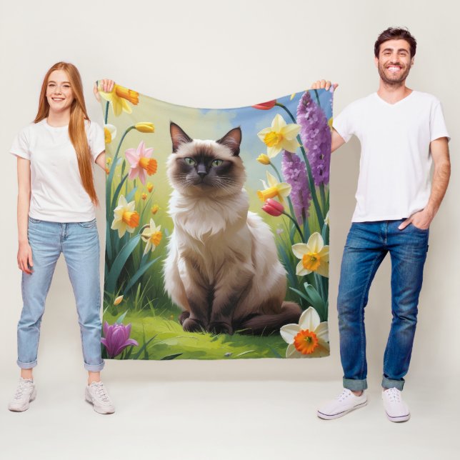 Manta Polar Pintura de flores de primavera de gato siamés (In situ)