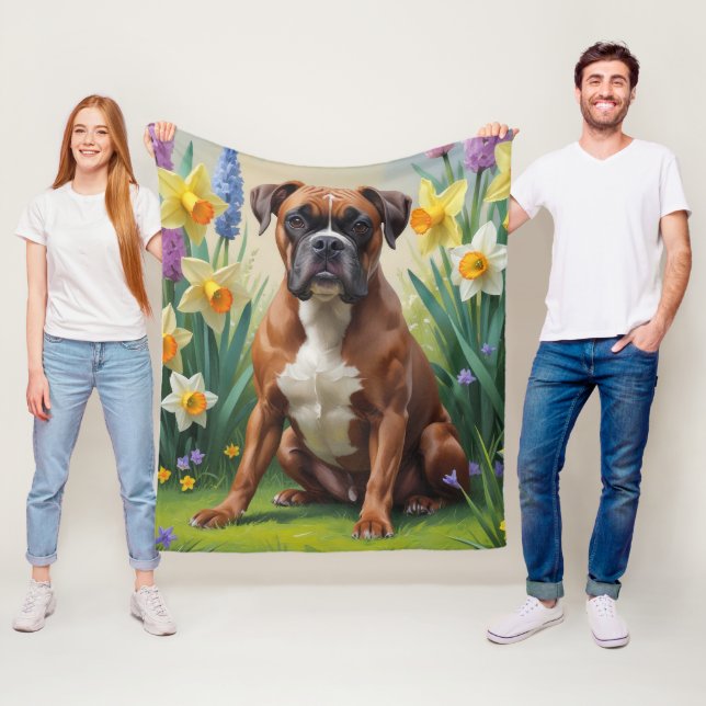 Manta Polar Pintura de flores de primavera de perro boxer (In situ)