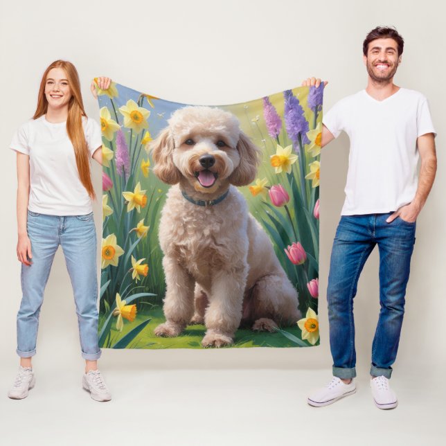 Manta Polar Pintura de flores de primavera de perro caniche (In situ)