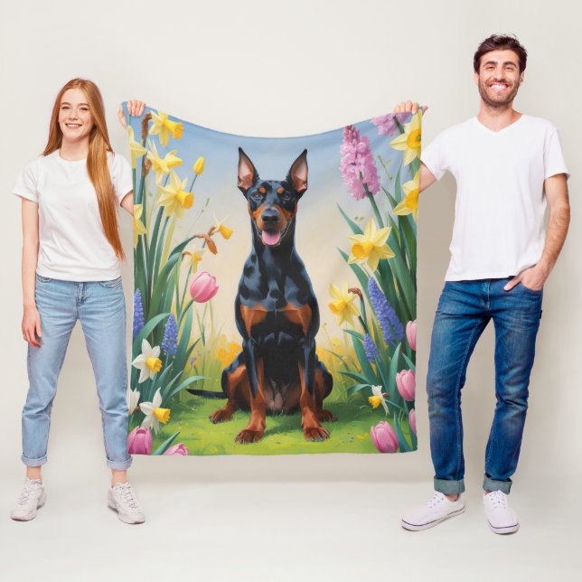 Manta Polar Pintura de flores de primavera de perro Doberman (In situ)