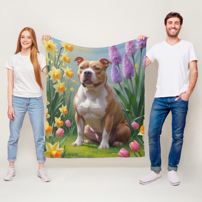 Manta Polar Pintura de flores de primavera de perro Pitbull (In situ)