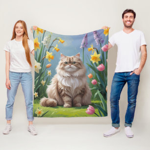 Manta Polar Pintura de flores de primavera del gato persa