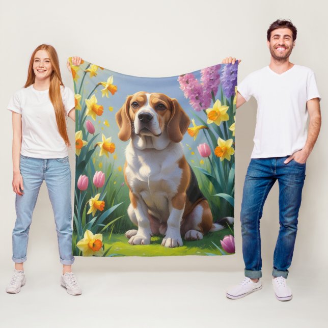 Manta Polar Pintura de flores de primavera del perro Beagle  (In situ)
