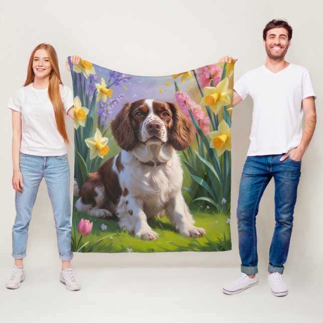 Manta Polar Pintura de flores de primavera del perro Brittany  (In situ)