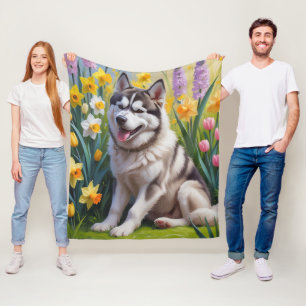 Manta Polar Pintura de flores de primavera del perro Husky sib